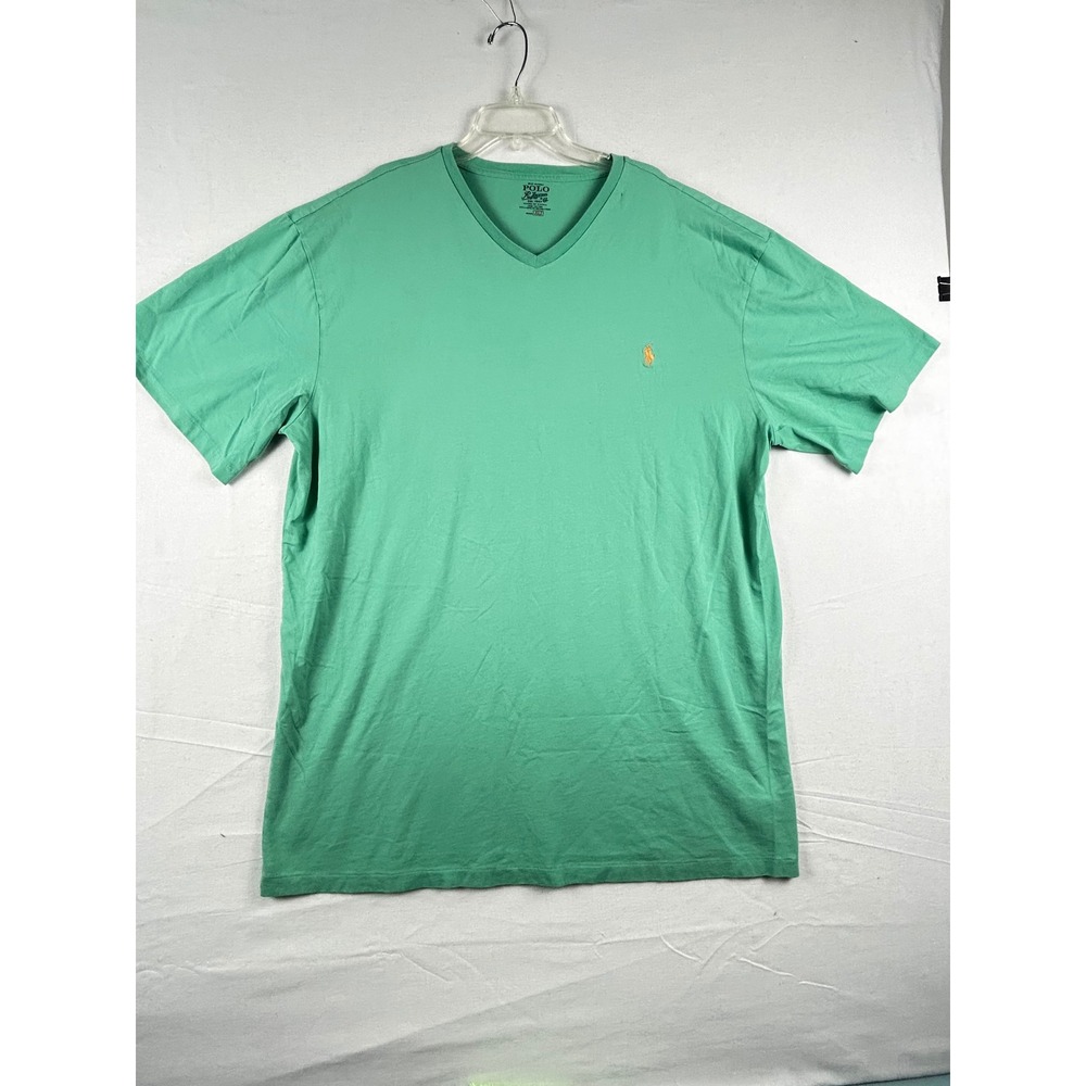 Polo Ralph Lauren Mens GreenV-Neck T-Shirt Size XLT Tall Cotton Orange Pony Logo